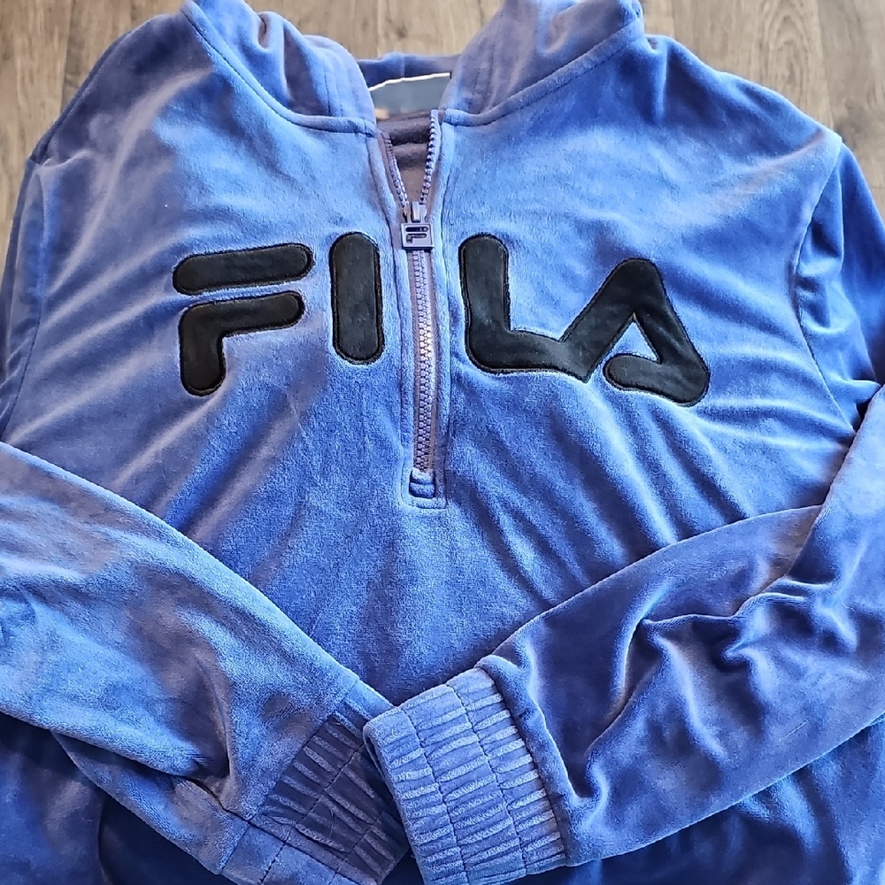 Fila Blue Velour Pull Over Sweatshirt Jacket Large Hoodie Woman Soft Outerwear